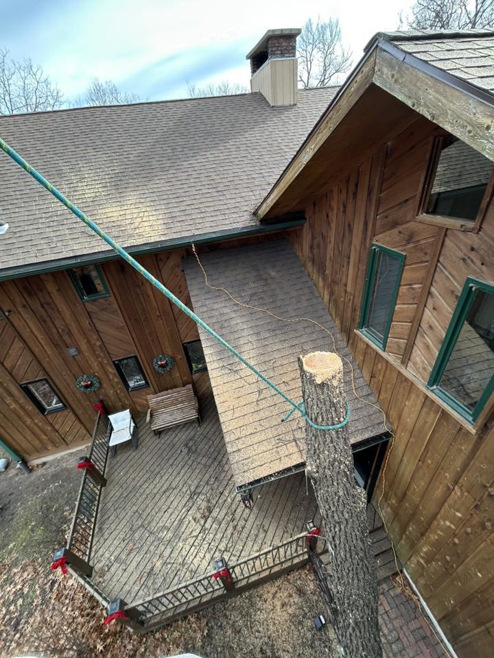 A tree removal job in progress next to a residential house, showing a cut tree trunk with ropes, by Superior Tree and Stump LLC in Topeka, KS.