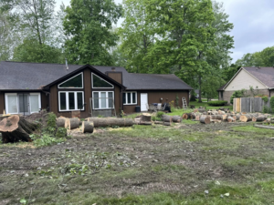 Large tree logs and wood debris in a residential backyard after a tree removal service by Dusang Tree Service in Greenfield, IN.