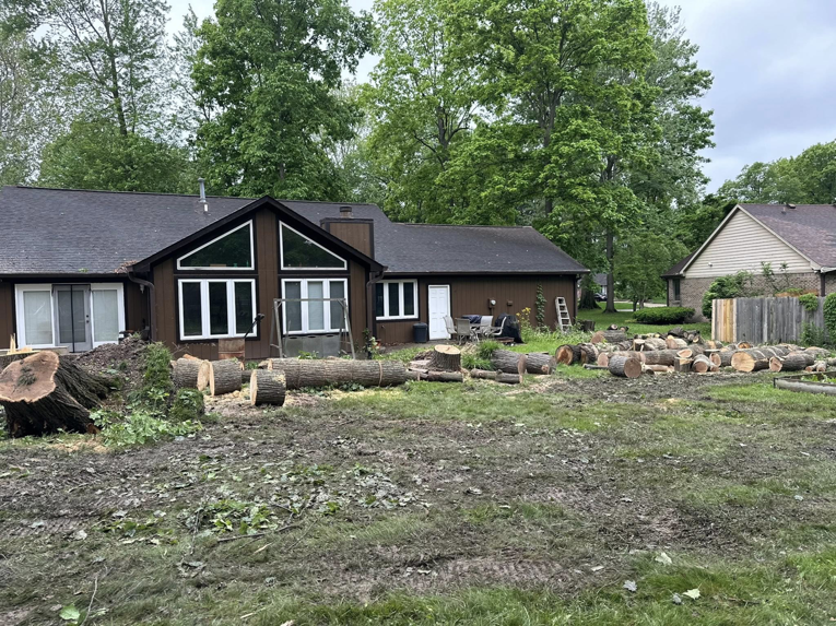 Large tree logs and wood debris in a residential backyard after a tree removal service by Dusang Tree Service in Greenfield, IN.