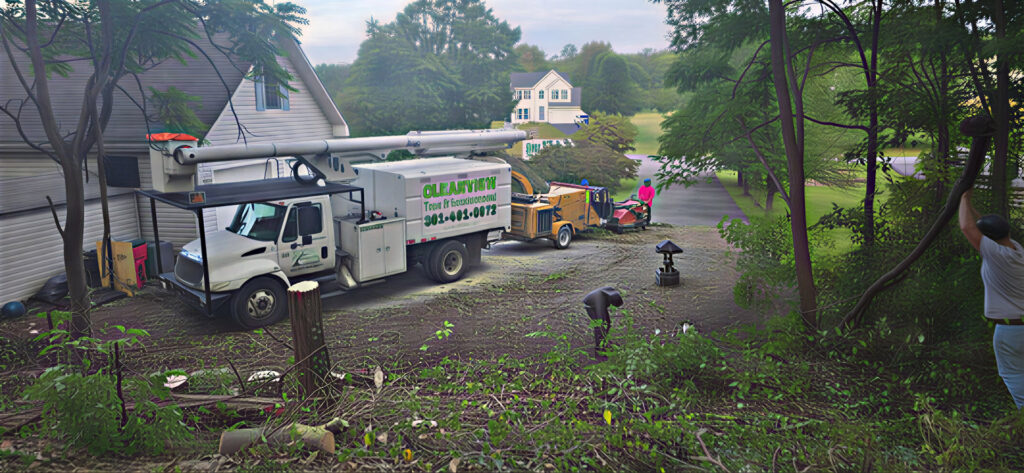 A tree removal site with a bucket truck, wood chipper, and stumps, showing work by Clearview Tree and Landscaping Services in Martinsburg, WV.