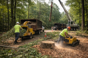 A tree service crew performing tree removal, stump grinding, and chipping by BG Tree Service, LLC in Cary, NC.
