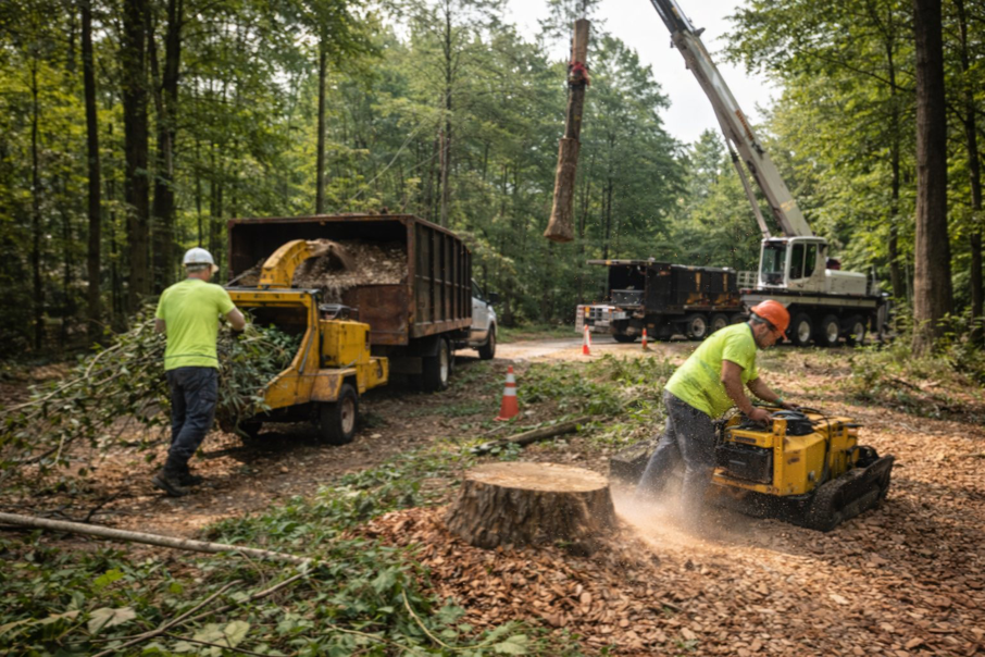 A tree service crew performing tree removal, stump grinding, and chipping by BG Tree Service, LLC in Cary, NC.