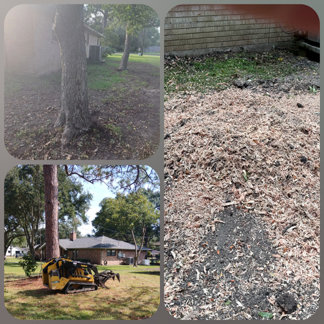 A mini skid steer and wood chips after tree removal and stump grinding by Ash Tree Service in Akron, OH.