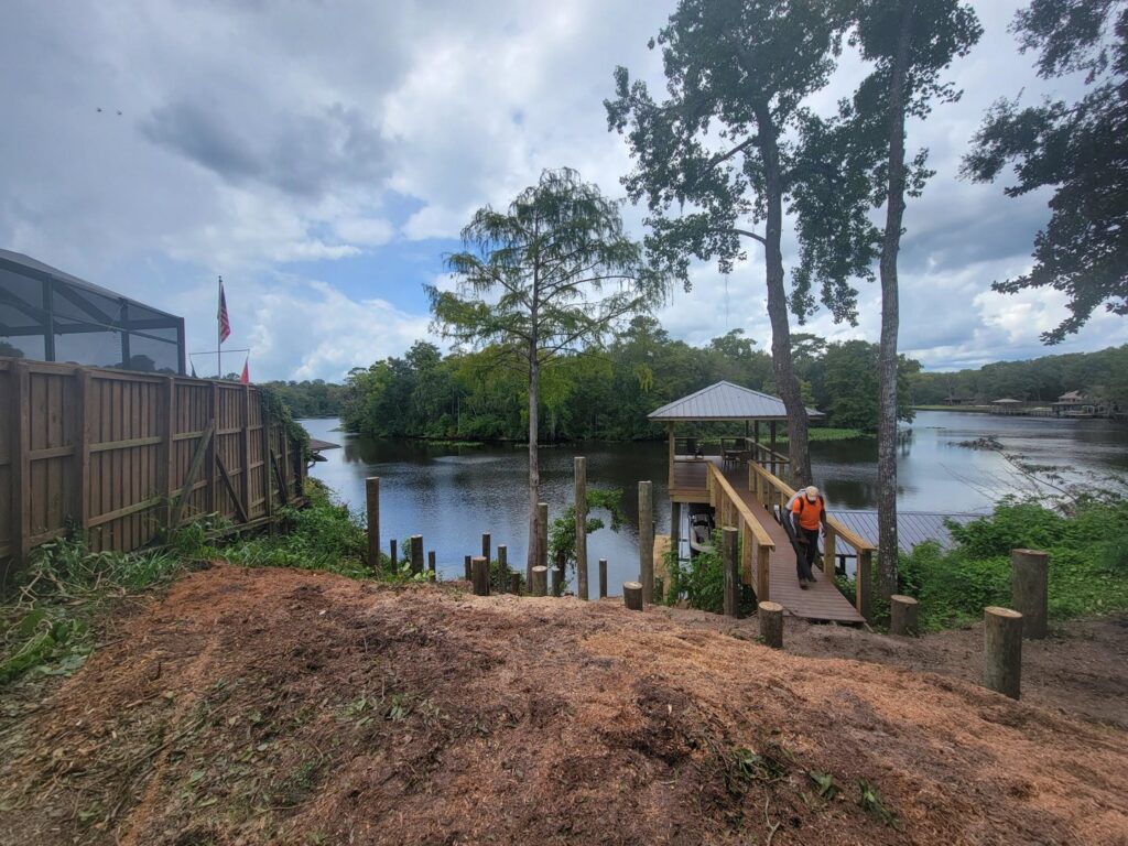 A lakefront property in Jacksonville, FL, after tree removal and stump grinding services by TreeWorld, showing cleared land.