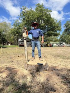 A tree service worker standing on a freshly cut tree stump, holding a large chainsaw, after tree removal by Manuel's Tree Service in San Antonio, TX