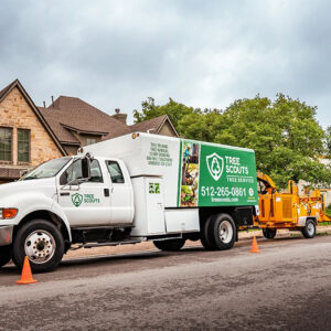 A Tree Scouts Tree Service & Trimming Georgetown branded truck with a wood chipper attached, ready for tree service jobs in Austin, TX.
