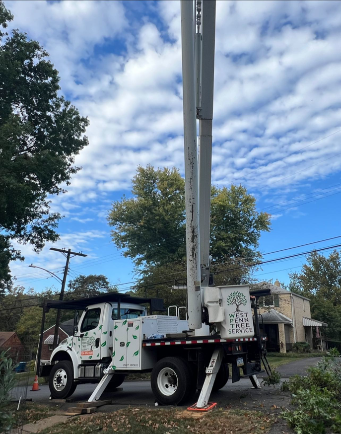 A West Penn Tree Service bucket truck with its boom extended and outriggers deployed, ready for tree work in Pittsburgh, PA.