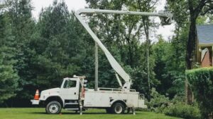 A white tree service bucket truck parked on a residential property, ready for tree trimming or removal by D&M Tree and Land Services in Macon, GA.