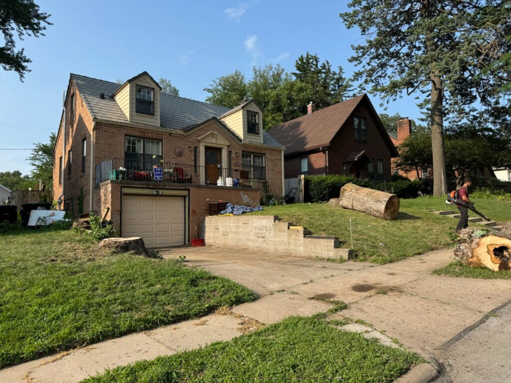 A tree service worker using a leaf blower for cleanup after tree removal by A to Z Trees and More LLC in Omaha, NE.