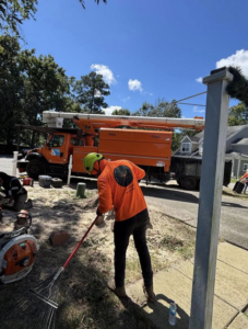 A tree service worker raking wood chips during cleanup, with equipment in the background, by E&D Expert Tree service LLC in Newport News, VA.