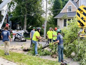 A tree service crew from Snyder's Tree Service LLC clearing branches and debris from a street in Fort Wayne, IN.