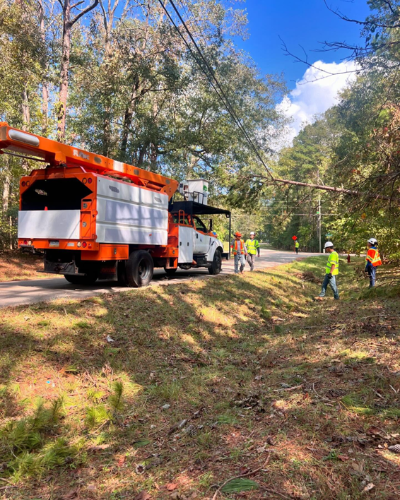 A tree service crew with a utility truck clearing a fallen branch from power lines for PA JB Tree Service in Reading, PA.