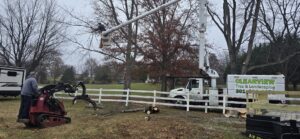 A tree service crew with a bucket truck, wood chipper, and mini-skid steer working on a property for Clearview Tree and Landscaping Services in Martinsburg, WV.