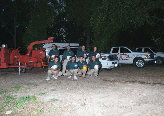 The Good Hands Tree Service crew posing with their equipment and trucks on a job site in Dallas, TX