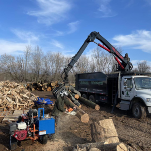 A tree service crew processing logs with chainsaws, a log splitter, and a grapple truck by Helmer's Complete Tree Service, LLC, Utica, NY.