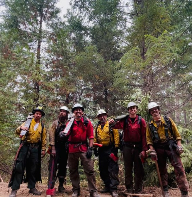 A group of tree service crew members from Wild Roots Arborist posing in a forest in Fayetteville, AR.