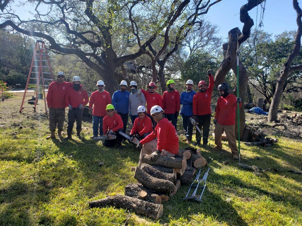 A tree service crew with chainsaws and cut logs after a tree removal job for S.A. Total Tree Service in San Antonio, TX