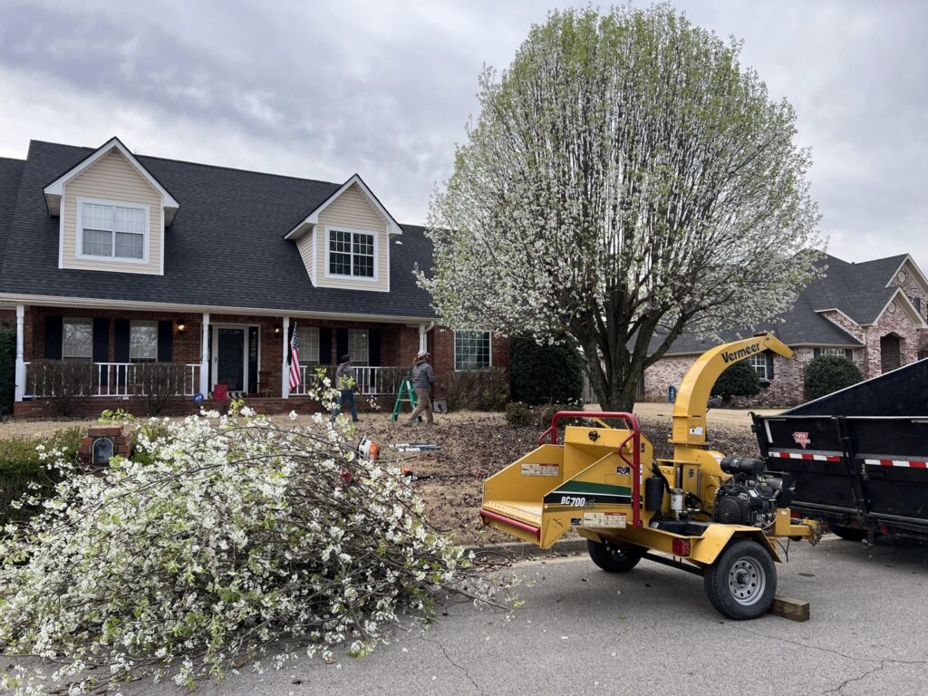A tree service crew using a wood chipper and dump trailer to process branches for Liberty Tree in Fort Smith, AR.