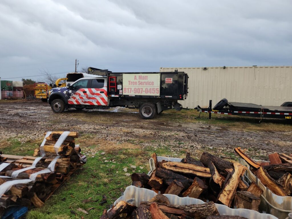 A tree service dump truck from A. Matt Tree Service parked next to piles of firewood in Fort Worth, TX.