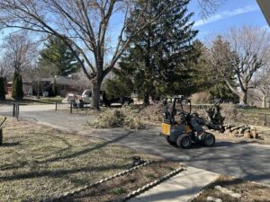 Tree service equipment, chipper, and mini-loader with logs and branches by Canter Tree & Stump Solutions in Indianapolis, IN.