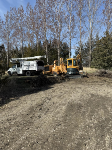A Dakota Tree Company truck, wood chipper, and excavator on a tree service job site in Aberdeen, SD