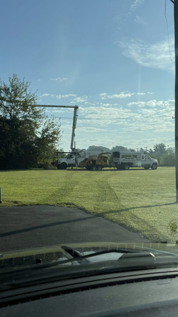 Tree service equipment, including a boom lift and wood chipper, on a job site for Delmarva Tree LLC in Smyrna, DE.