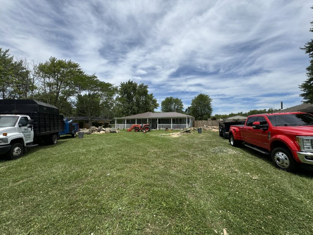 Tree service equipment including a dump truck, chipper, and tractor on a residential job site by Condados Tree Service LLC in Indianapolis, IN.
