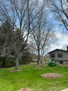 Specialized tree service equipment parked in a residential yard by Autumn's Tree Care and Seasonal Services in Janesville, WI