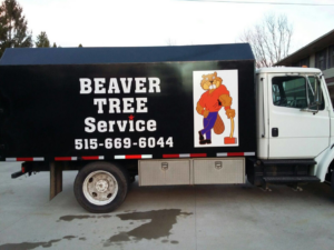 A Beaver Tree Service truck pulling a wood chipper and other tree removal equipment in Des Moines, IA