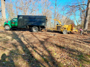A tree service truck and chipper from Flores Tree Service in Huntly, VA, parked on a job site with cleared branches.