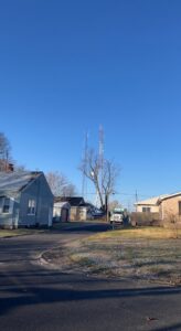 A tree service bucket truck at work on a tree in a residential neighborhood, provided by K.M.C Lawn & Tree service in Peoria, IL.