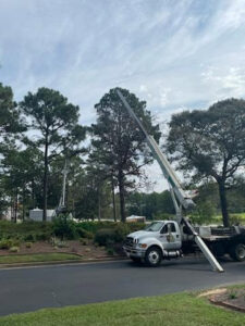 A tree service truck with its boom extended, ready for work by Timber Tree Service Incorporated in Theodore, AL.