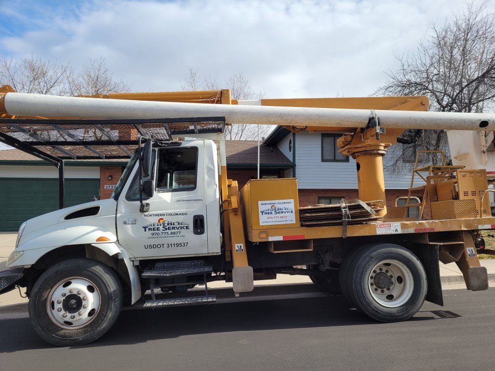 A tree service truck with a boom lift from Northern Colorado Tree Service in Fort Collins, CO.
