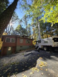 A tree service truck with a bucket lift parked next to a house during an autumn tree service job by Trail Based Tree Service in Schenectady, NY.