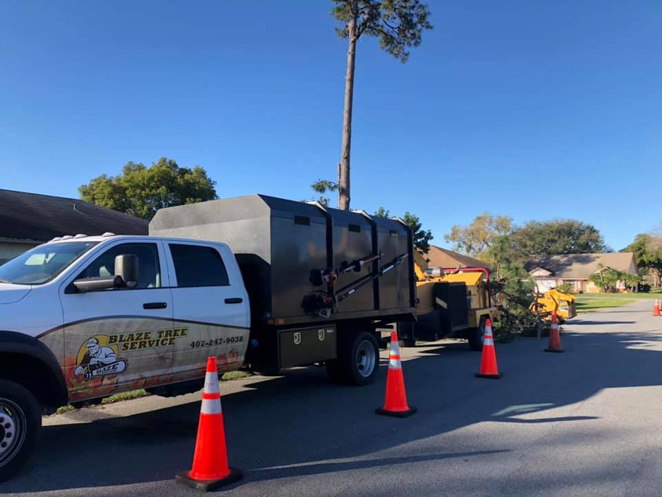 Blaze Tree Service Inc truck and wood chipper parked on a street after a tree removal job in Orlando, FL