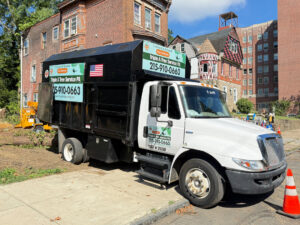A Triple A Tree Service PA truck and wood chipper at a tree removal job site in Philadelphia, PA.