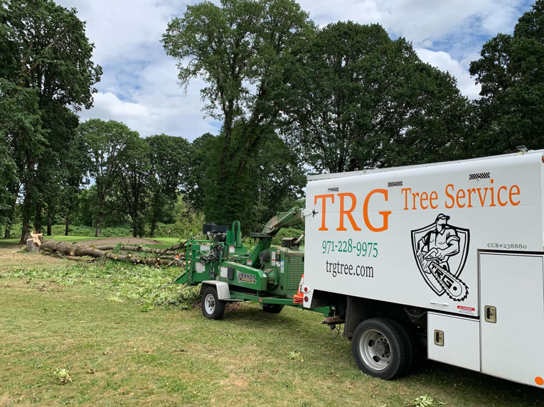 TRG Tree Service truck with a wood chipper and cut branches on the ground after a tree removal job in Beaverton, OR.