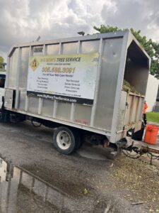 A Big Ron's Tree Service truck loaded with tree debris after a job in Miami, FL.