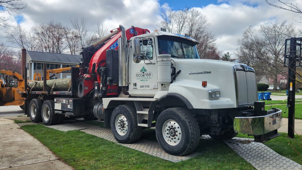 A tree service truck with a crane and a wood chipper on a residential driveway by Ecotree Services LLC in Lorain, OH.