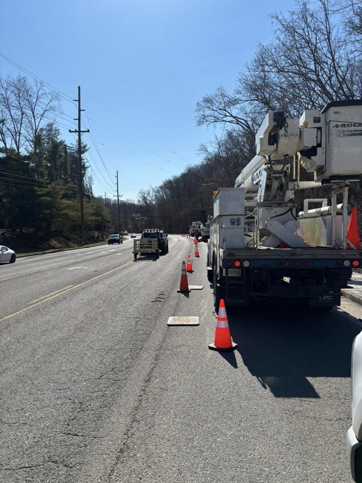 An Ox Tree service truck with safety cones set up for a roadside tree service job in Birmingham, AL.