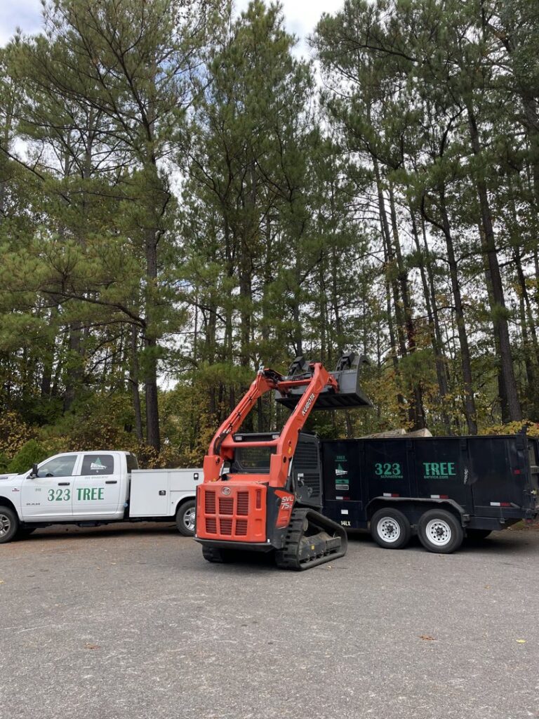 A Schnell Tree Services LLC truck, trailer, and skid steer parked at a job site, ready for tree service work in Fayetteville, NC.