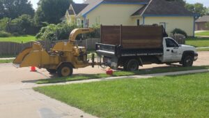 A tree service truck with a wood chipper attached, branded A to Z Trees and More LLC, parked in Omaha, NE.