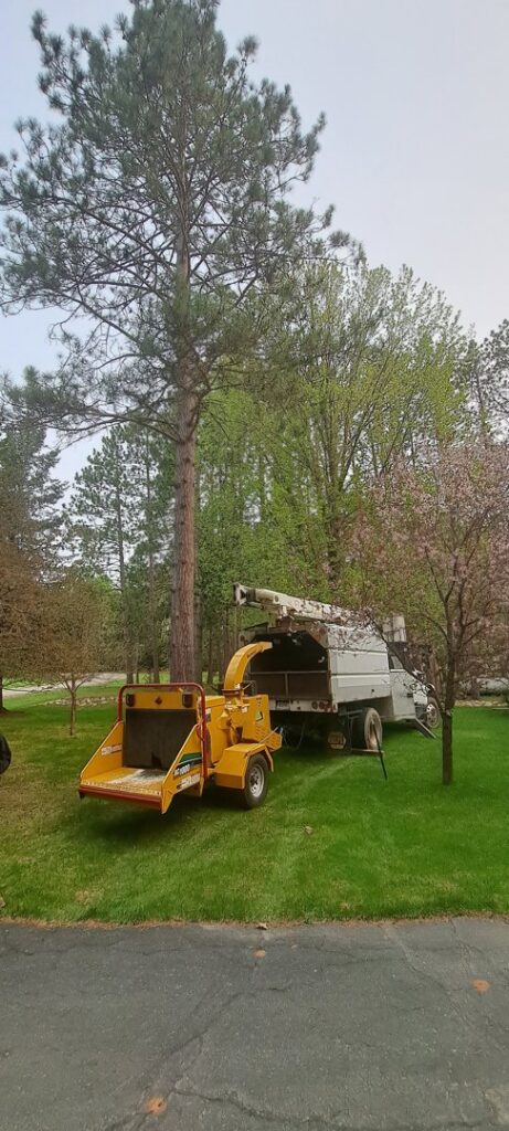 A tree service truck with an attached wood chipper ready for debris removal by Klee Logging & Tree Service Inc. in Green Bay, WI.