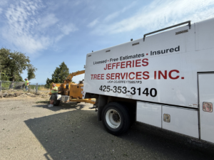 A tree service truck and wood chipper with a worker at Robert Jefferies Logging & Tree Service in Everett, WA
