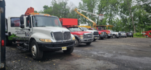 A line of professional tree service trucks and equipment, including a large white truck, from Prime3 service & Mejia Brothers Llc in Trenton, NJ.