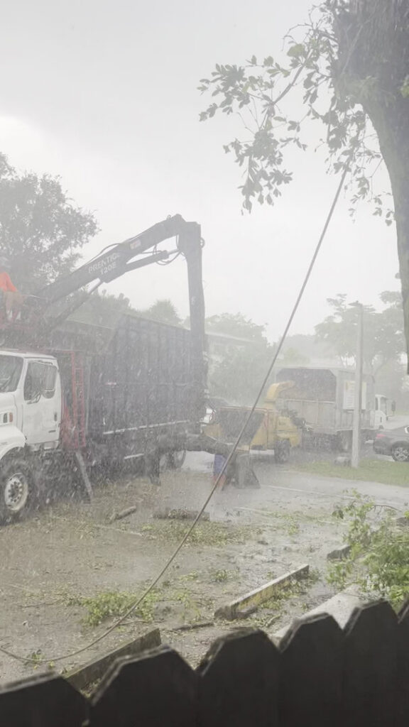 Big Ron's Tree Service trucks and equipment working in the rain on a job site in Miami, FL.