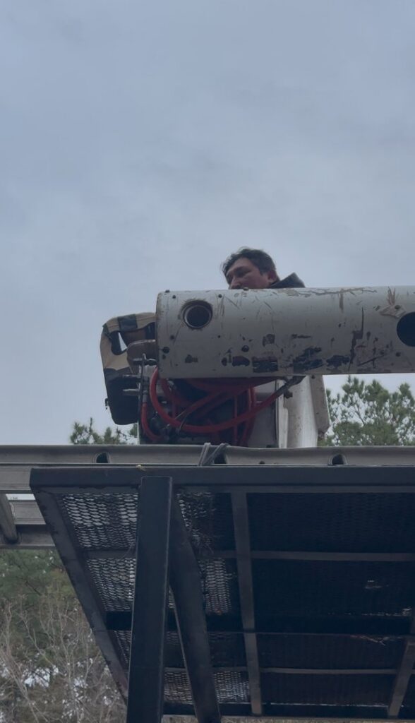A tree service worker in a bucket lift from Stewart Tree Service in Mount Pleasant, SC.