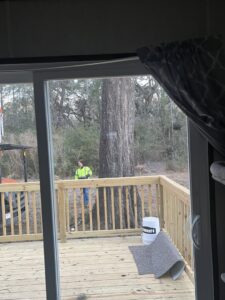 A tree service worker in a high-visibility vest operating a chainsaw near a large tree, performing work for Ayla Tree Service in Bloomingdale, GA.