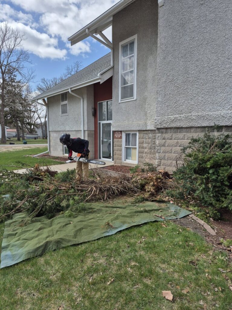 A tree service worker in safety gear using a chainsaw to cut branches on a tarp for JN Services LLC in Des Moines, IA