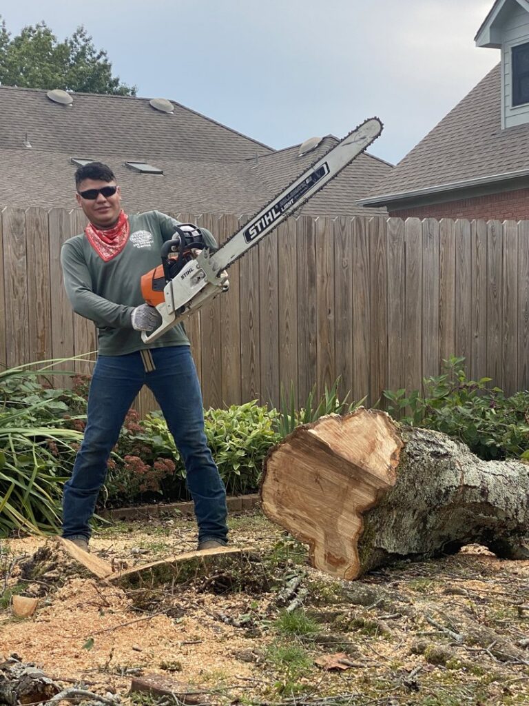 A tree service worker from Mr. Green-Jeans Lawn Service & Tree Service holding a chainsaw next to a freshly cut log in Decatur, AL.